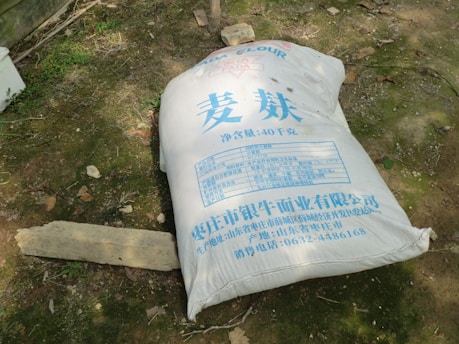 A large white sack with blue text lies on a patch of ground with scattered rocks and pieces of wood. The text appears to be in a foreign language, likely Chinese, and includes a logo with the words 'GLORIA FLOUR.' The sack rests in an outdoor setting with a mix of grass and dirt.