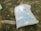 A large white sack with blue text lies on a patch of ground with scattered rocks and pieces of wood. The text appears to be in a foreign language, likely Chinese, and includes a logo with the words 'GLORIA FLOUR.' The sack rests in an outdoor setting with a mix of grass and dirt.