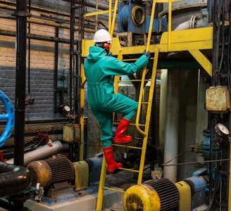 a man in a green coverall climbing up a yellow ladder