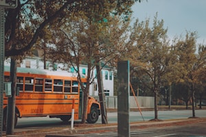 A yellow school bus parked alongside a street lined with trees. The bus has 'Independent School District' written on its side. The surroundings include a sidewalk, wooden fences, a few buildings in the background, and several tall, leafy trees.