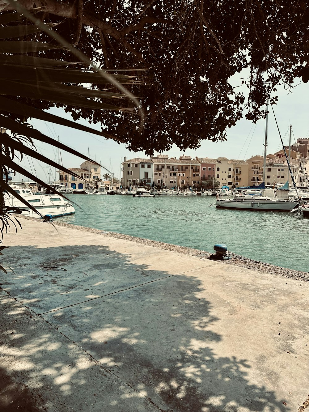 a view of a harbor with boats in the water