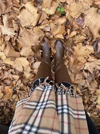 A cozy autumn outfit featuring layered knits, a plaid scarf, and ankle boots in a leafy park setting.