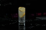A tall glass filled with a clear, fizzy beverage is garnished with slices of lemon and orange. The glass is set against a dark background, highlighting the citrus colors and bubbles within the drink.