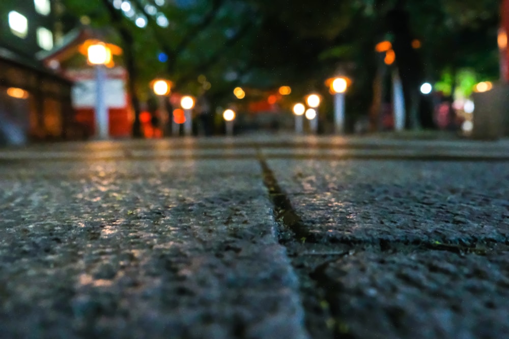 a close up of a street at night