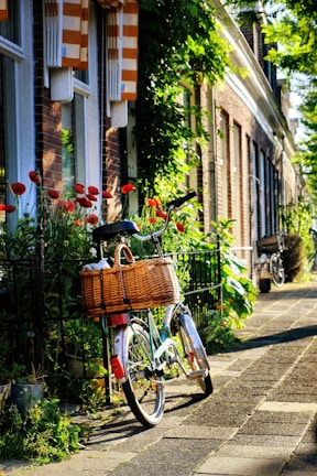 A vintage bicycle with a wicker basket is parked along a charming street lined with red flowers and lush greenery. The brick houses have orange and cream striped awnings, and sunlight casts dappled shadows on the cobblestone pavement.