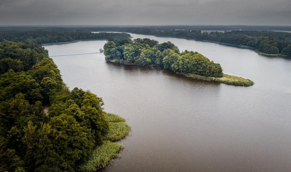 a large body of water surrounded by trees