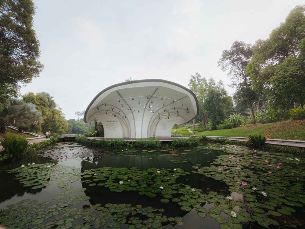 a pond with lily pads and a pavilion in the background