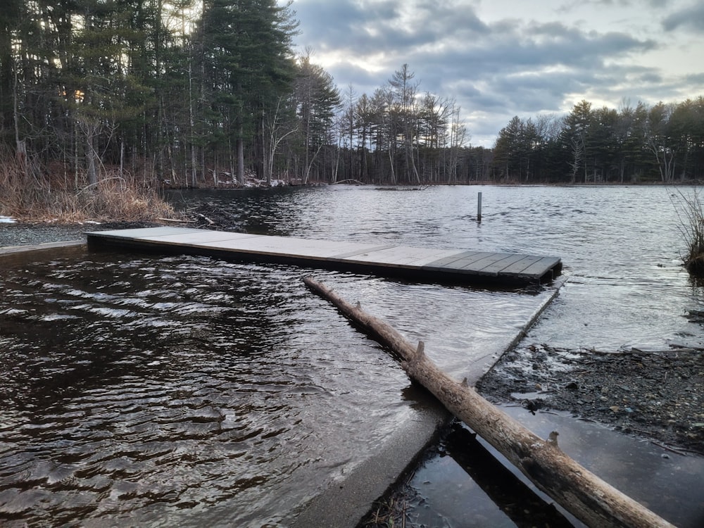 a wooden dock sitting in the middle of a lake