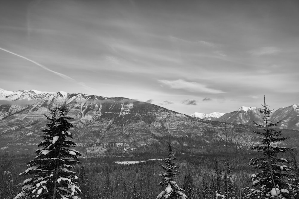 a black and white photo of snow covered mountains