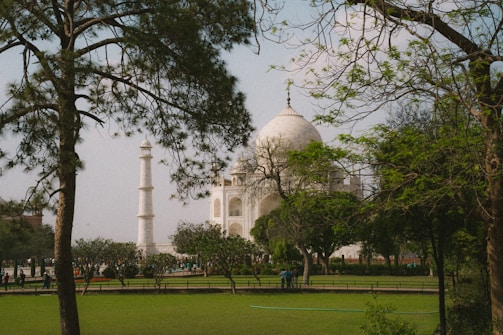 A majestic white marble building with a large dome, partially obscured by lush green trees and a well-maintained garden. A tall minaret is visible next to the building, amid a clear sky.
