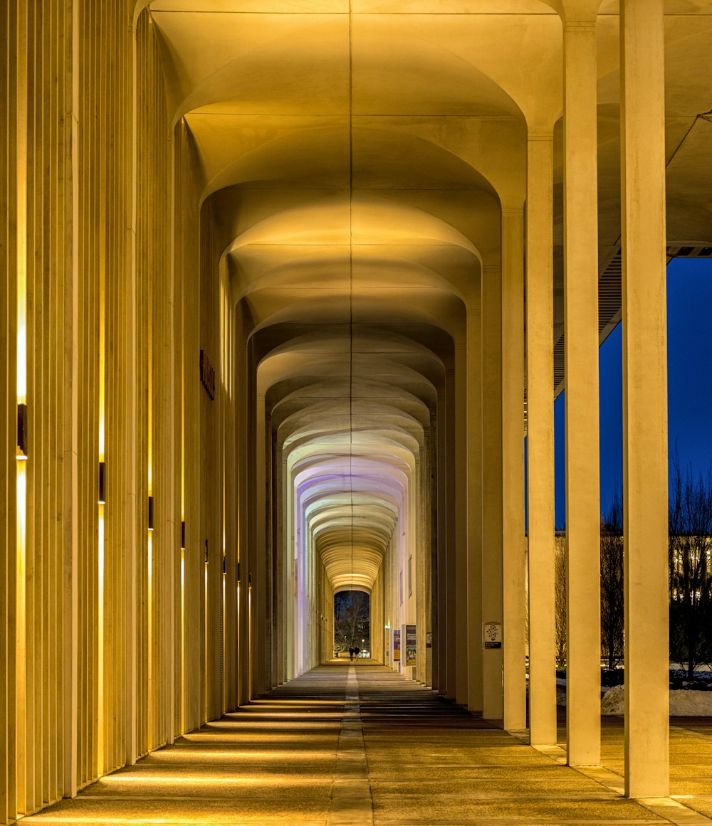 a long hallway lined with columns and lights