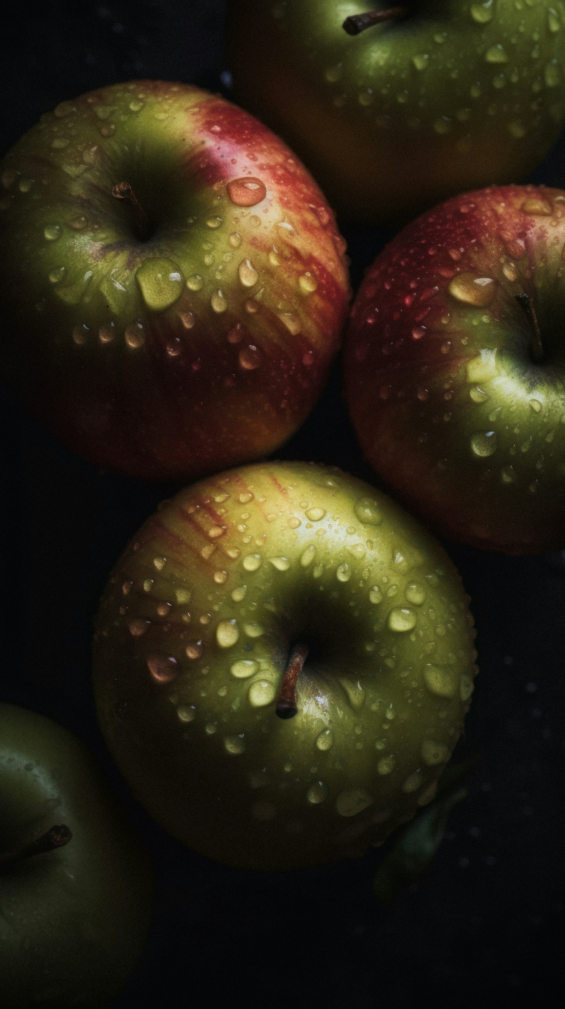 Fresh red and green apples with water droplets on a dark surface.