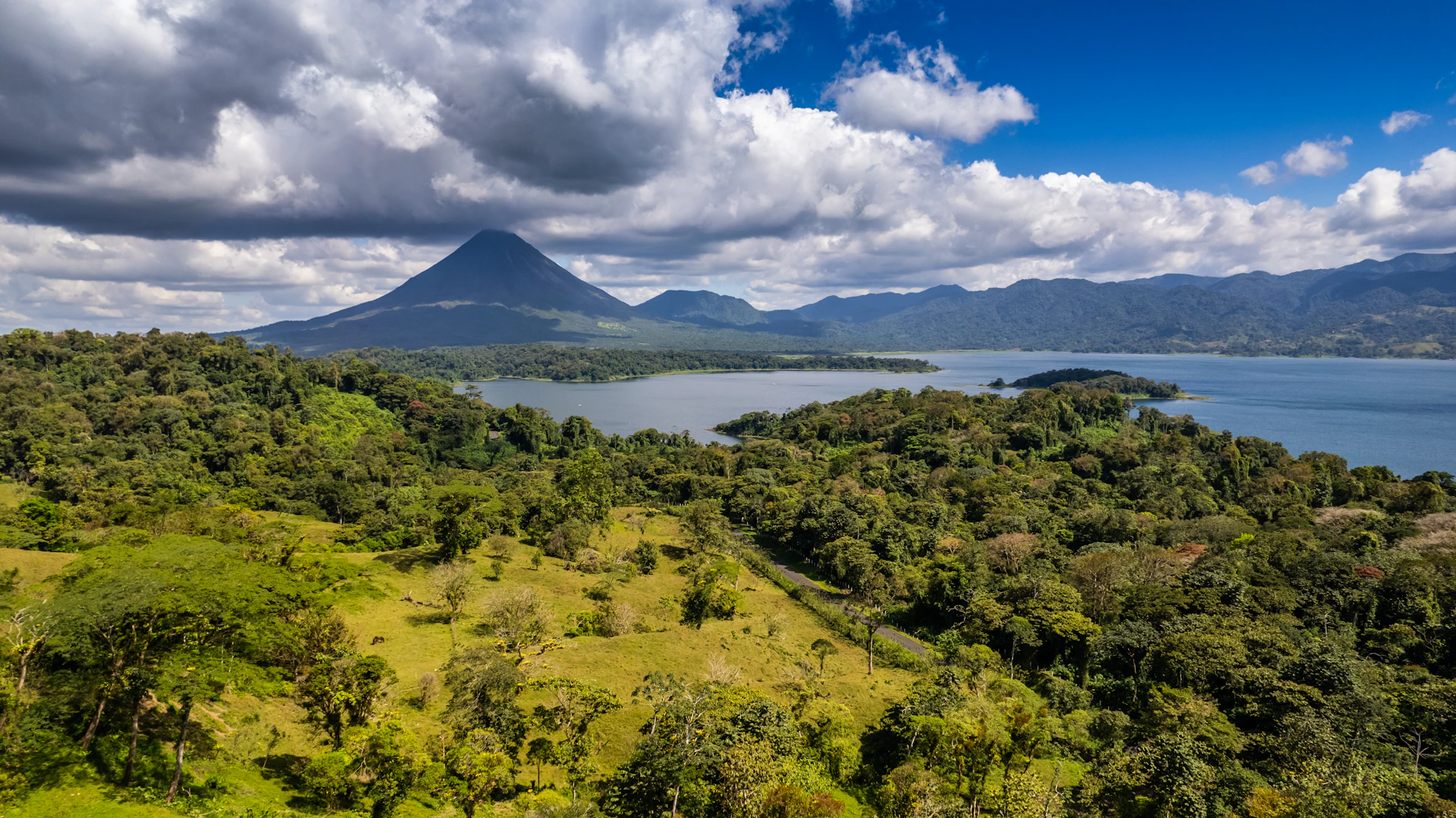 A scenic view of Mount Rinjani with lush green forests and clear blue skies, inviting adventure seekers.
