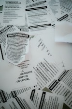 A collection of scattered flyers and papers with text related to concepts of democracy, rights, and anarchism. The papers are primarily in black and white and feature both English and Polish text.