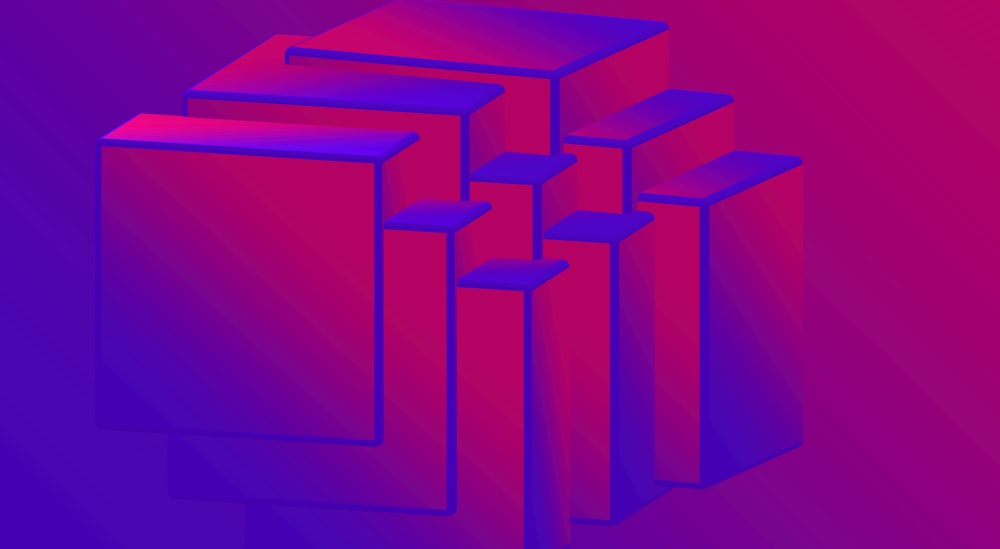 a purple and red image of three cubes