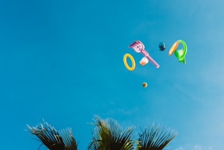 Various colorful plastic toys appear to be floating or thrown into a clear blue sky. Palm fronds are visible at the bottom of the image, suggesting a tropical or outdoor setting.