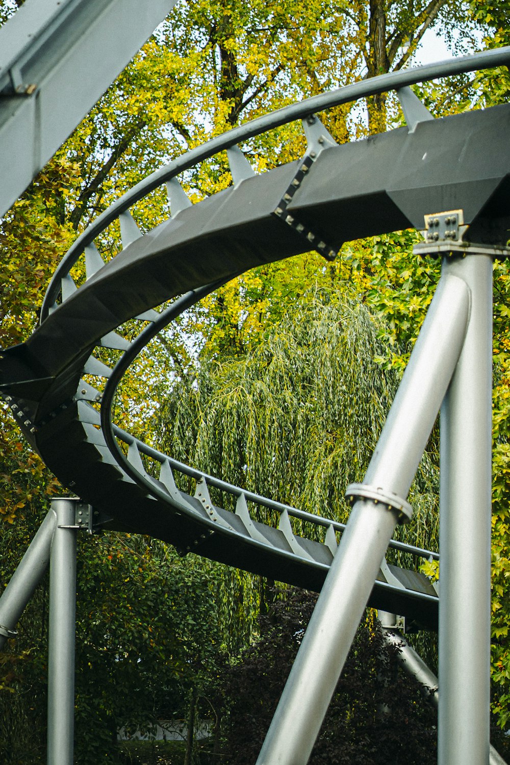 a roller coaster in a park with trees in the background