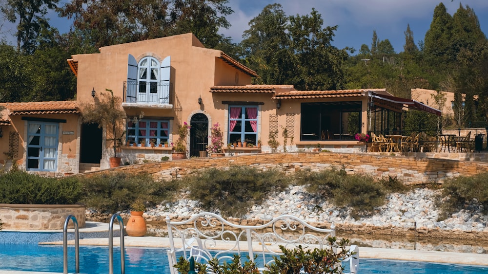 a house with a pool in front of it