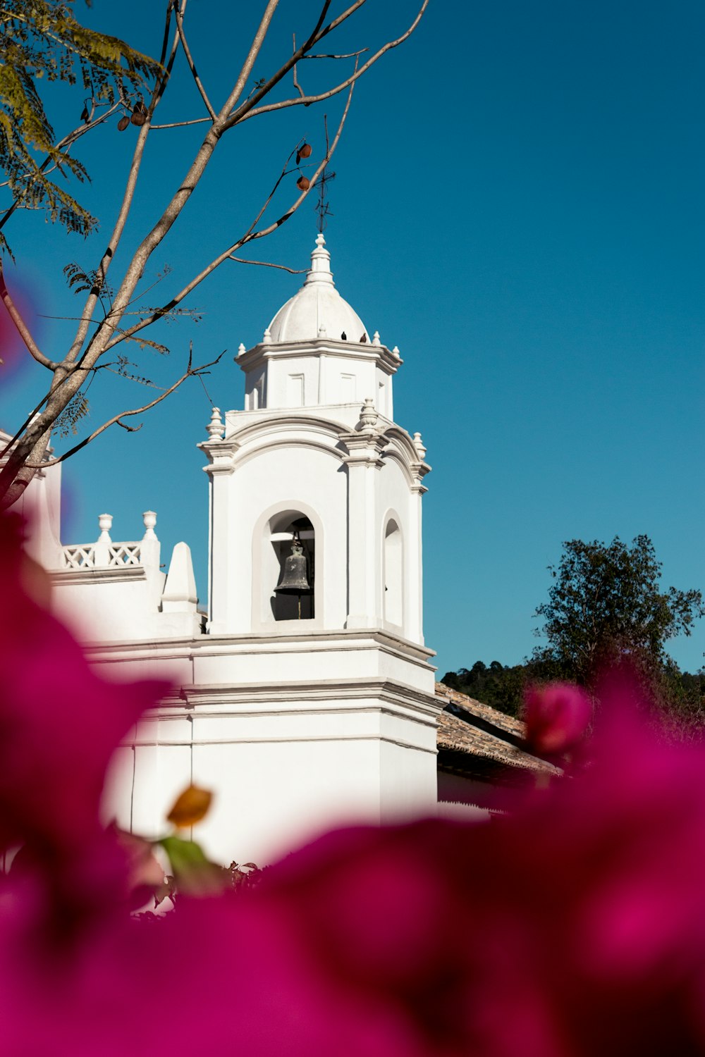 a white building with a bell tower in the background