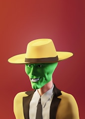 A cartoonish character with a bright green face wearing a large yellow hat and a matching yellow suit with a black trim. The background is a gradient of warm red tones, and the character displays a mischievous smile.