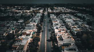 an aerial view of a city at night