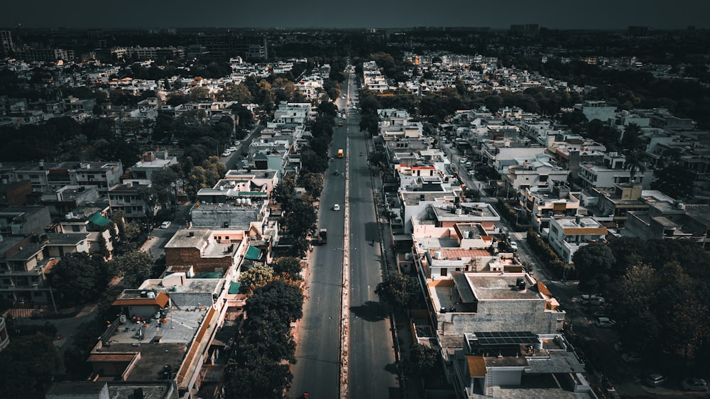 an aerial view of a city at night