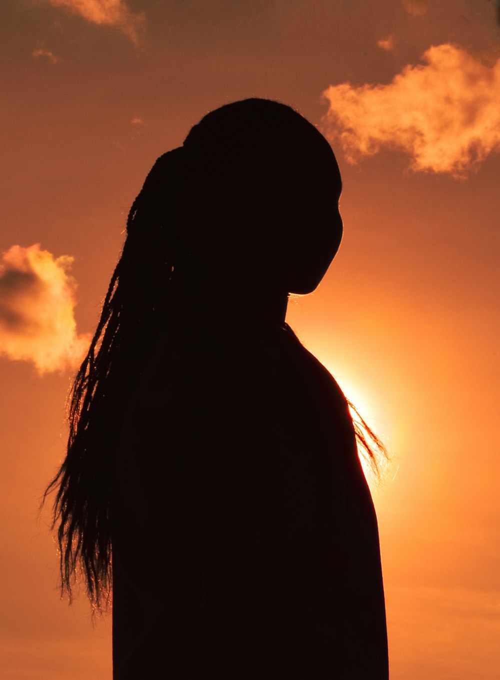 a person with long hair standing in front of a sunset