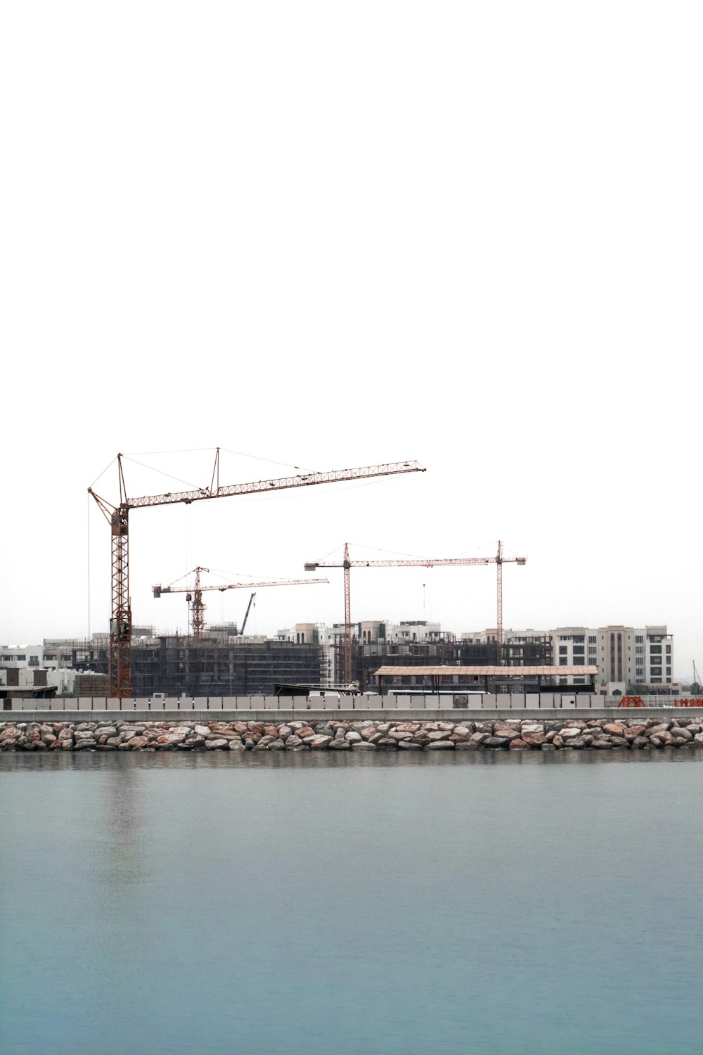 a large body of water with a crane in the background