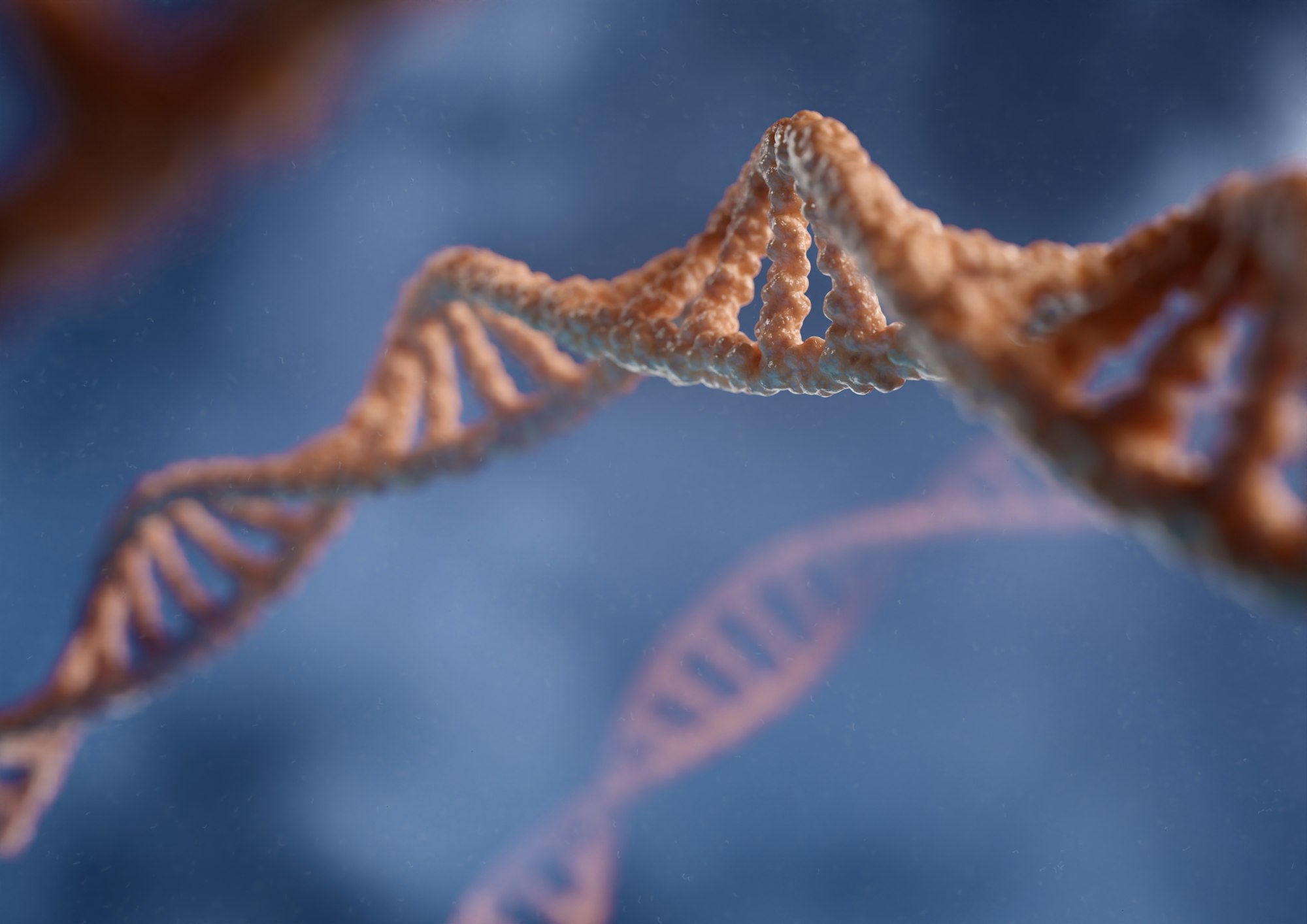 3D rendering capturing the double helix structure of DNA against a blue backdrop, highlighting the intricate beauty of life's genetic code.