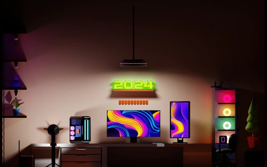 A modern gaming setup features a dual monitor arrangement with vibrant, abstract backgrounds. A glowing '2024' sign is mounted above the monitors. The desk includes a sleek gaming PC with LED accents, and the room is bathed in ambient lighting from multiple RGB light sources. Shelves with decorative items and a chair complete the workspace.