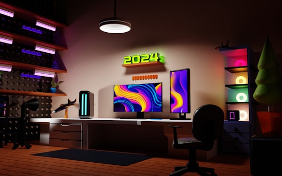 A futuristic workspace with a sleek computer setup and neon accents.