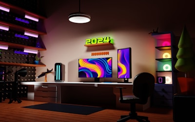 A futuristic workspace with glowing computer screens and neon accents.
