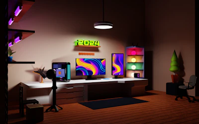A futuristic home office setup with integrated smart devices and monitors