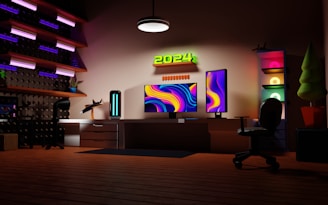 a room with a desk and a television on it