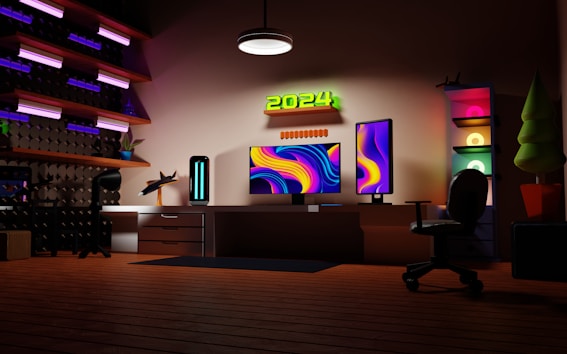 a room with a desk and a television on it