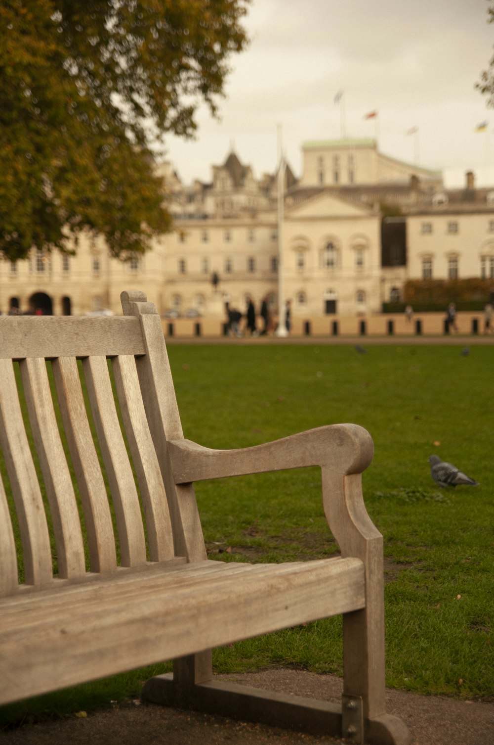 a wooden bench sitting in the middle of a park