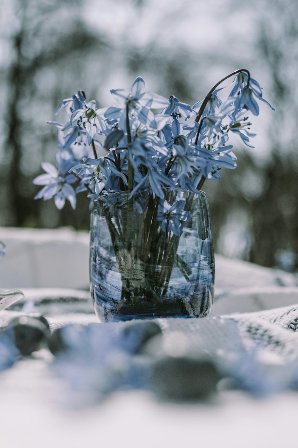 a vase filled with blue flowers sitting on top of a table