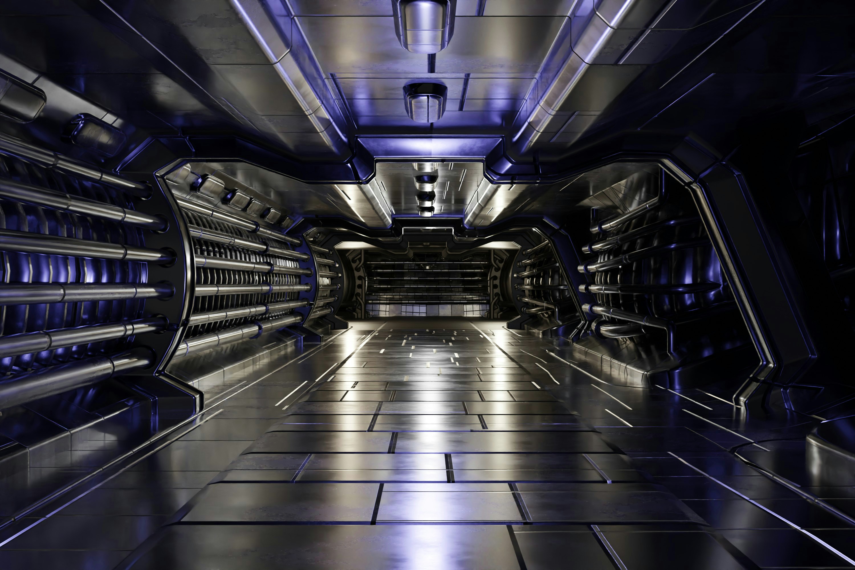 un très long couloir avec quelques lumières dessus