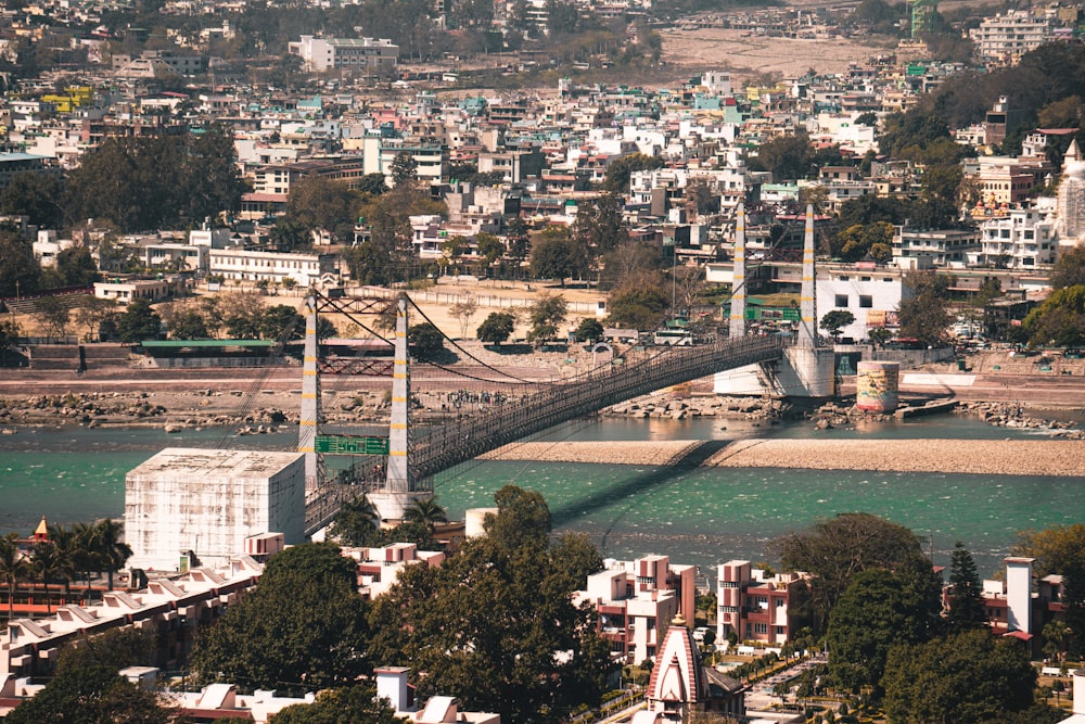 a bridge over a river with a city in the background