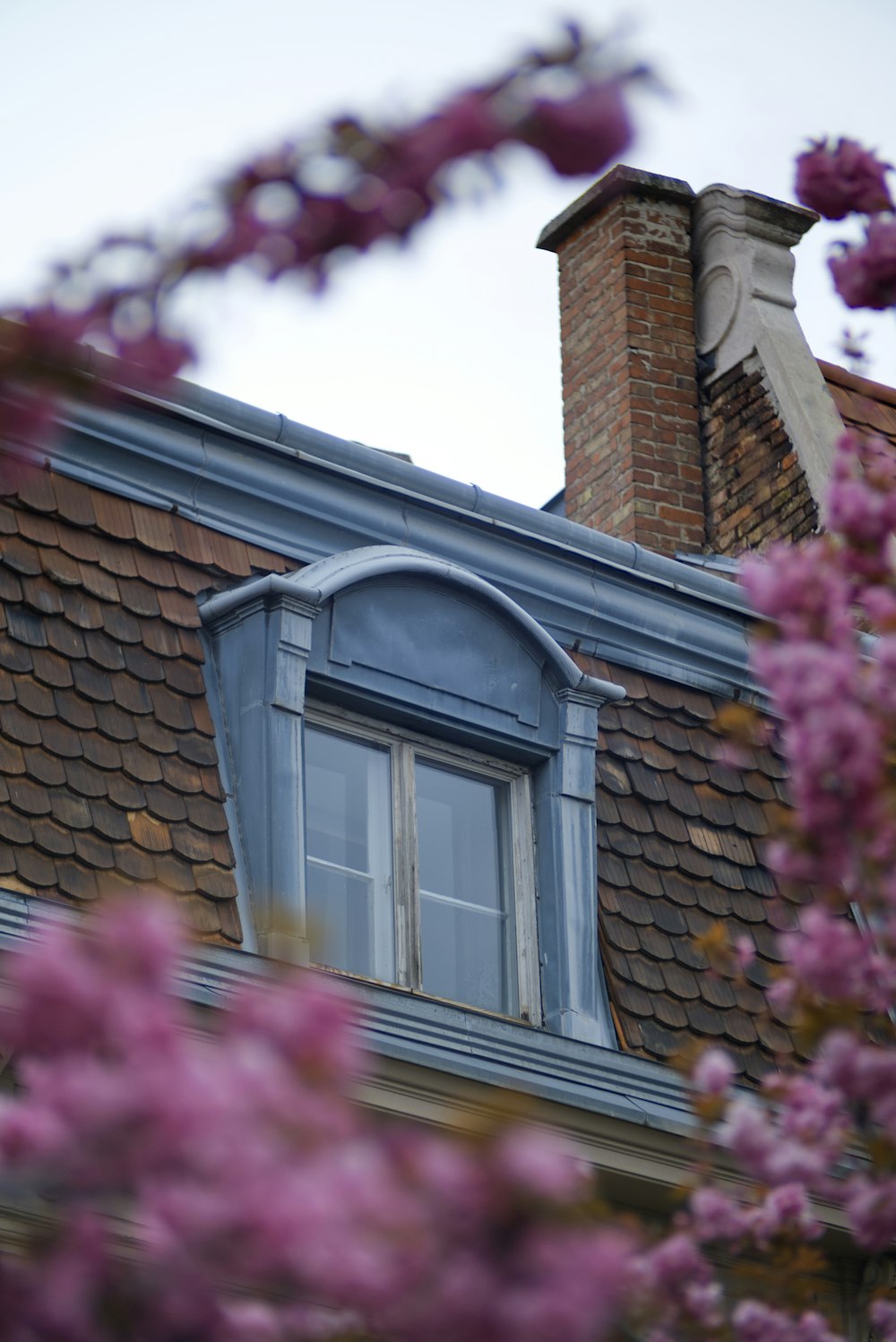 a building with a blue window and a brown roof