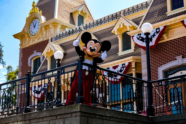 Mickey Mouse floral display in front of the Main Street train station at Disneyland, Anaheim