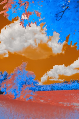 The image features a surreal landscape with digitally altered colors. Trees and foliage are depicted in vibrant blue and orange hues. The sky is a rich orange, contrasted by white clouds. The ground appears in a combination of blue and orange tones, adding to the dreamlike quality of the scene.