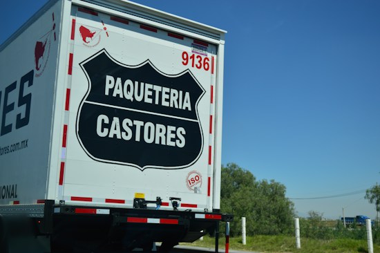 The rear view of a delivery truck with the label 'PAQUETERIA CASTORES' displayed prominently on a black emblem on the back door. The truck has the number '9136' and an 'ISO' certification badge. The background shows a clear blue sky and some greenery.