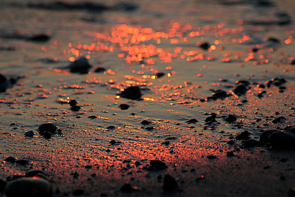 the sun is setting over the water on the beach