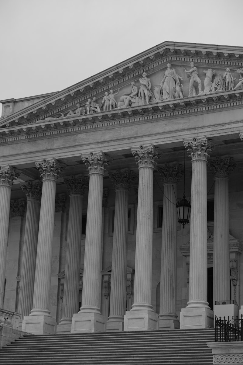 The US Supreme Court building in black and white