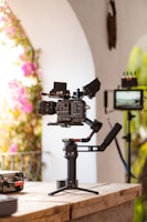 A professional video camera is mounted on a gimbal stabilizer, placed on a wooden table in an outdoor setting. The background features an archway with blooming pink flowers and greenery, creating a serene atmosphere. Additional filming equipment is visible, including another camera setup on a tripod.