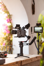A professional video camera is mounted on a gimbal stabilizer, placed on a wooden table in an outdoor setting. The background features an archway with blooming pink flowers and greenery, creating a serene atmosphere. Additional filming equipment is visible, including another camera setup on a tripod.
