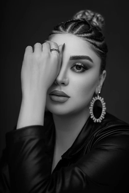 a woman in black and white with her hand on her face