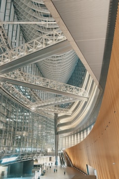 An expansive architectural interior with a futuristic design featuring high ceilings, intricate metal and glass structures, and curved walls. The space is illuminated with soft lighting and has a minimalist aesthetic. A few people are walking, emphasizing the scale and openness of the area.