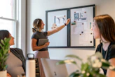 A collaborative meeting between a consultant and a small team reviewing recruitment plans.